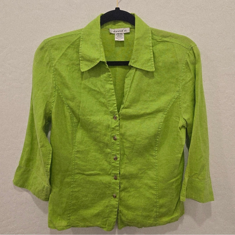 David N. Linen Shirt Womens Medium Green Button Front Old Money Capsule Summer